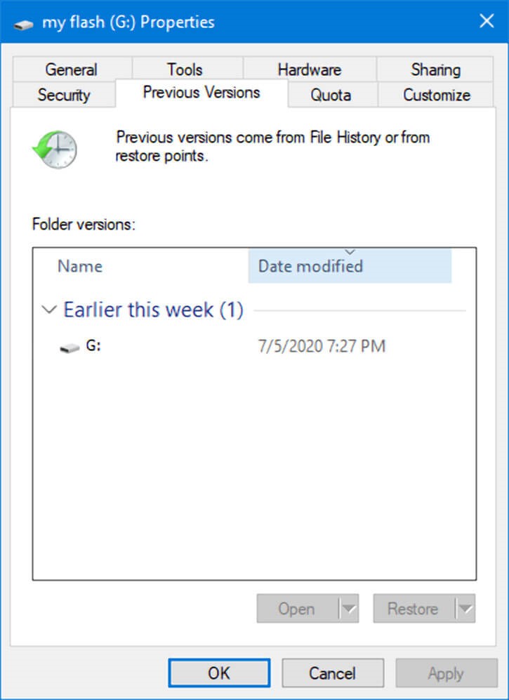 USB Flash Drive Properties - Restore Previous Versions