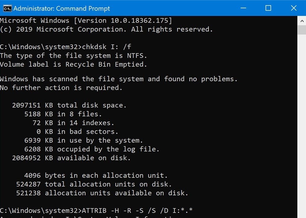 Administrator: Command Prompt: chkdsk, attrib commands to recover files from a USB drive.