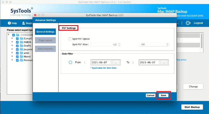 SysTools Mac IMAP Backup - PST Settings