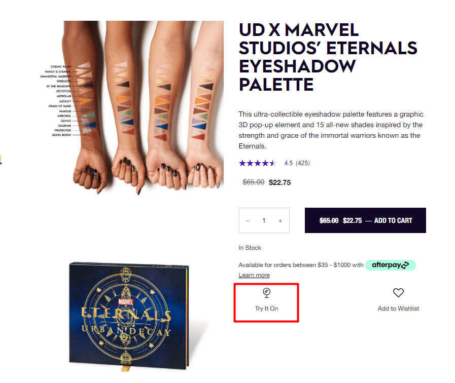 Try It On button on Urban Decay site