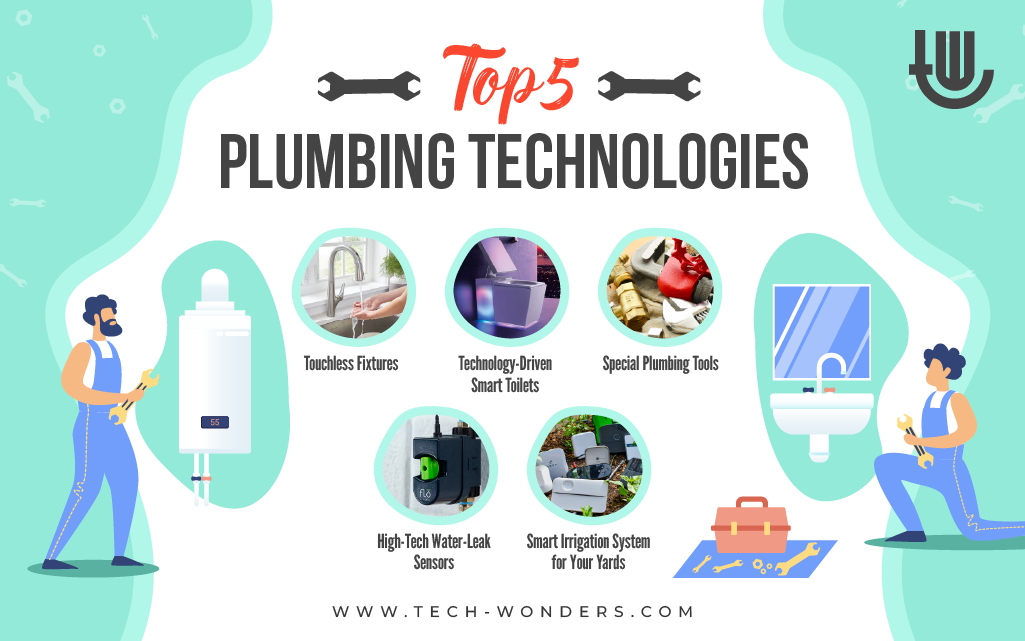 Top 5 Plumbing Technologies: Touchless Fixtures, Technology-Driven Smart Toilets, Special Plumbing Tools, High-Tech Water-Leak Sensors, Smart Irrigation System for Your Yards.