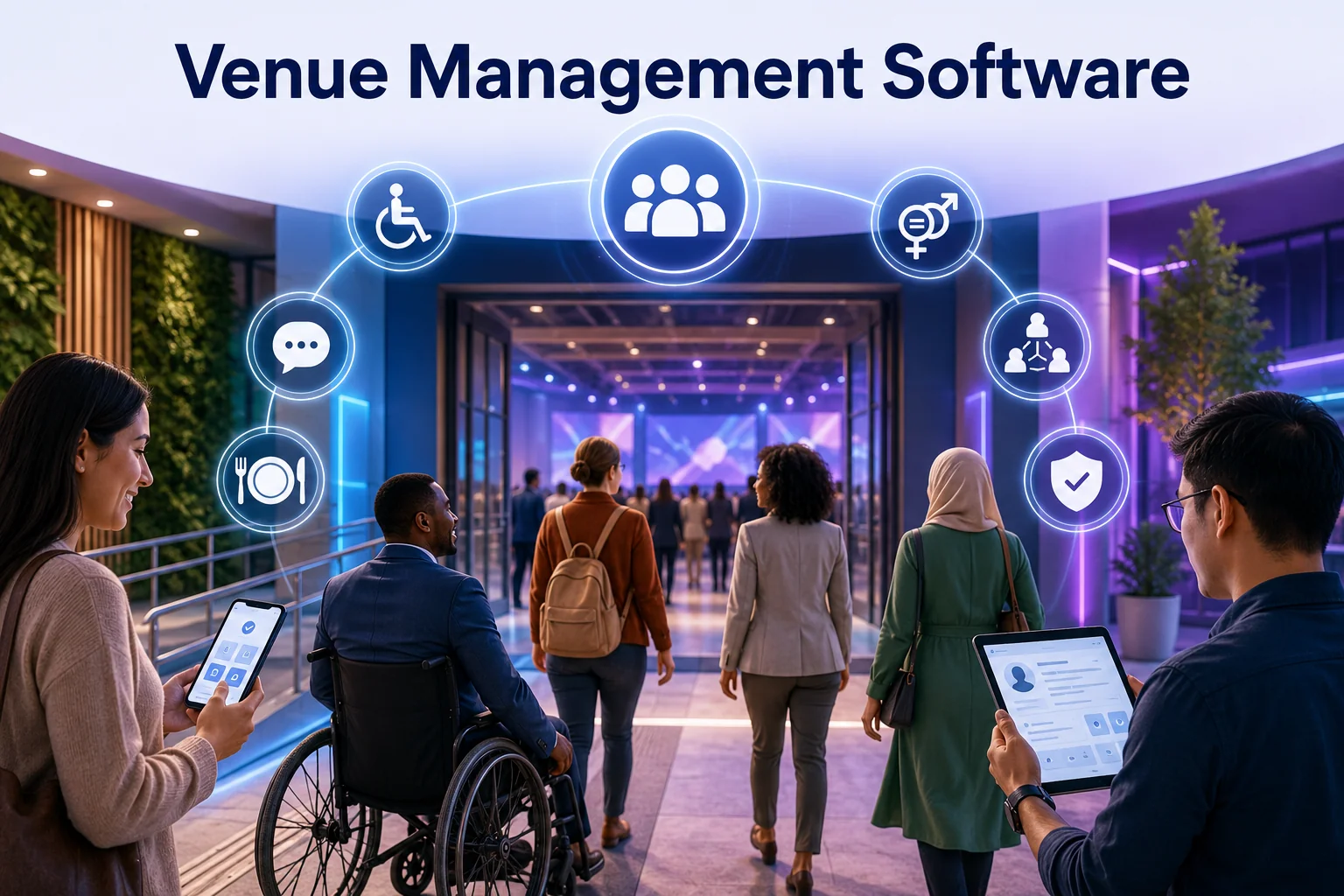 Diverse attendees enter a modern, technology-enabled event venue while using venue management software on mobile devices and tablets. The scene features individuals from different backgrounds, including a wheelchair user and attendees of varying genders and cultures, highlighting accessibility, inclusivity, and diversity in event planning. Glowing digital icons representing accessibility, communication, food preferences, networking, gender inclusivity, attendee engagement, and event security are displayed above the venue entrance. The contemporary event space is illuminated with blue and purple lighting, symbolizing advanced venue management technology that supports accessible facilities, multilingual communication, attendee safety, and inclusive event experiences. The headline Venue Management Software appears prominently at the top of the image.