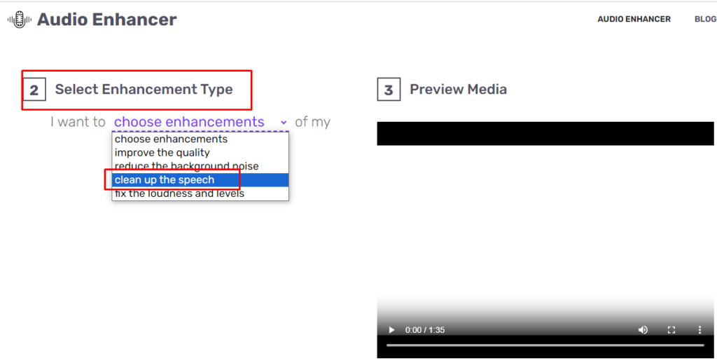 AI Audio Enhancer - Select Enhancement Type - Clean up the Speech.