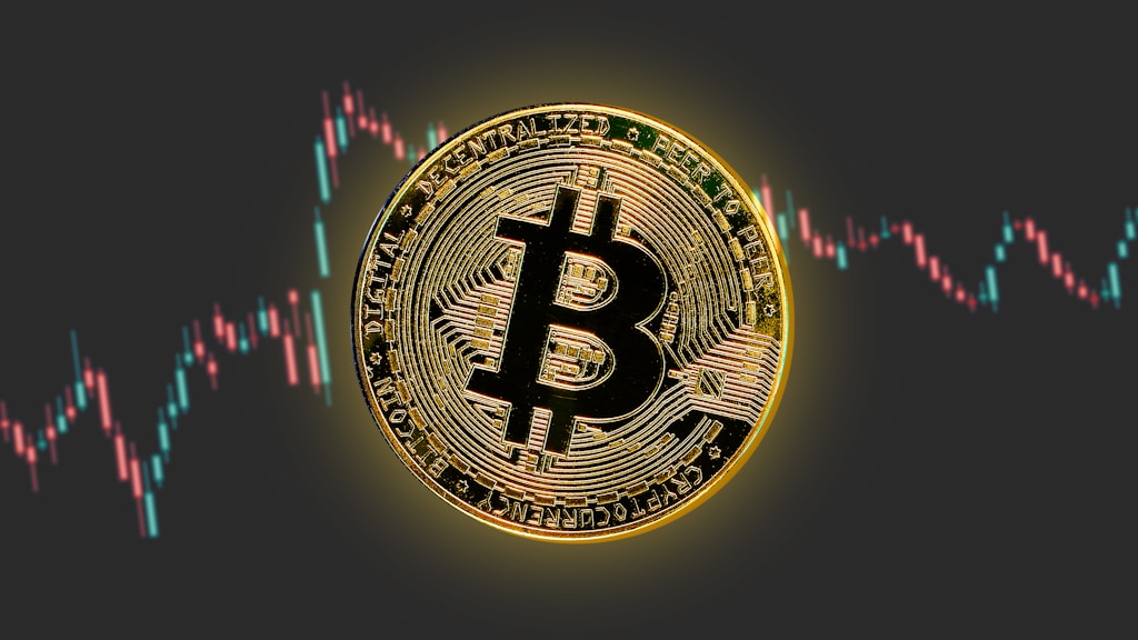 A Bitcoin is shown in front of a stock chart