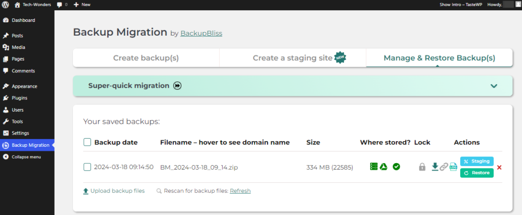 Backup Migration Plugin by BackupBliss. Super-quick migration.