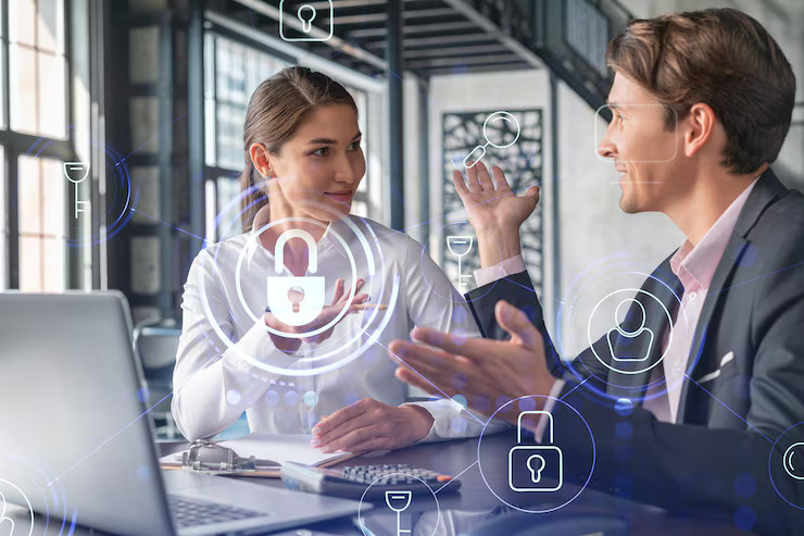 Businessman Businesswoman Working Together Protect Clients Confidential Information Cyber Security
