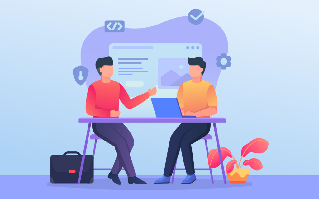 Programmer or Developer Discussion Team When Work on Office with Related Background Theme.
