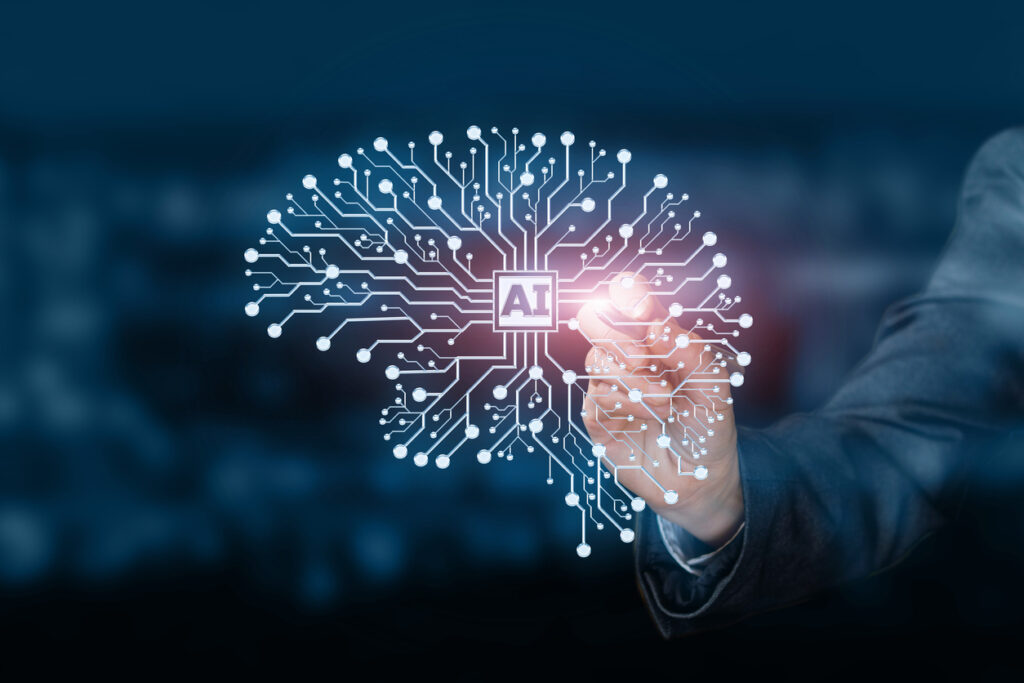 Artificial Intelligence AI digital brain model consisting of the wireless connections.