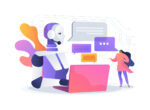 AI in Customer Service vector illustration. A customer interacts with an AI chatbot to resolve a service issue quickly.