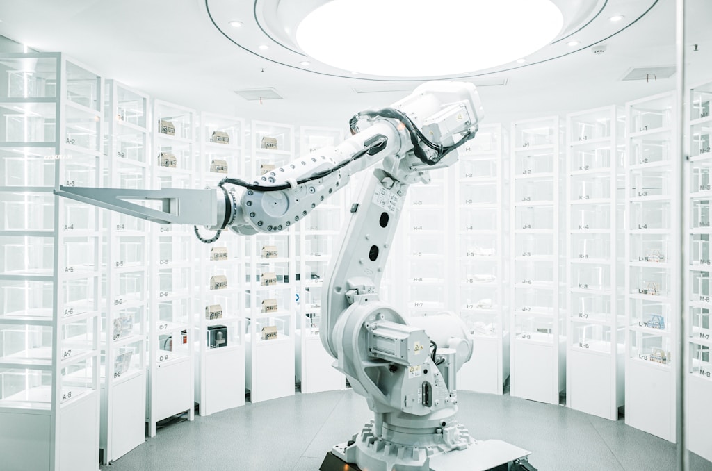 Artificial Intelligence Technology AI Tech Robotic Arm in a Modern Well-lit Healthcare Laboratory Setting