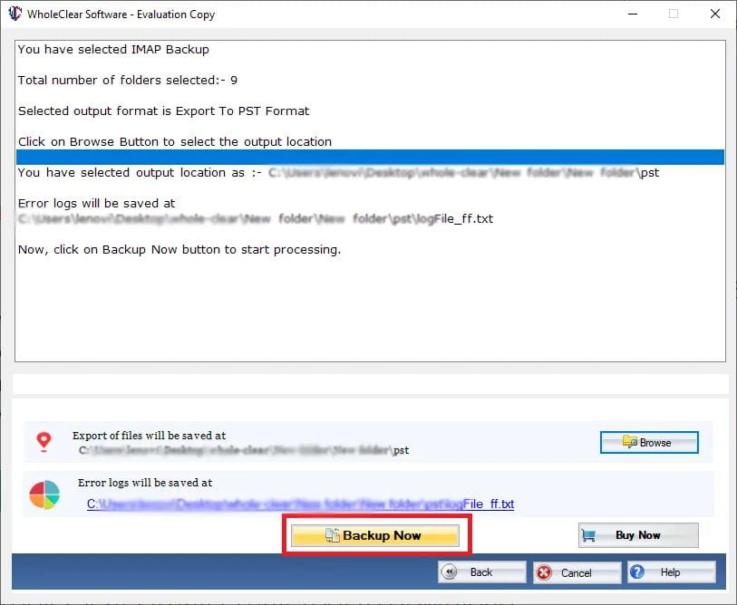 IMAP Backup. Click on Backup Now button to start processing.