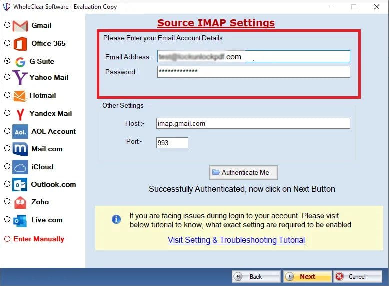 Please enter your email account details. Source IMAP settings.