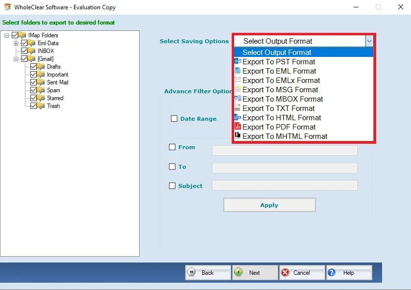 Select Output Format: Export To PST Format