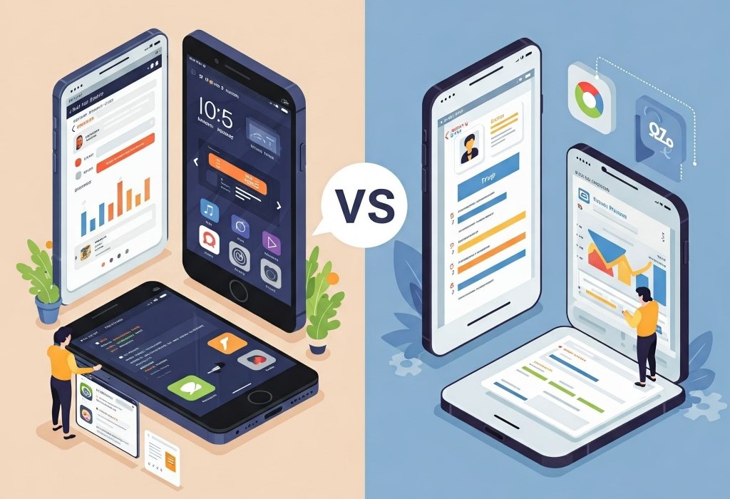 A visual comparison of Native App Development vs. Cross-Platform App Development. The left side, with a beige background, depicts Native App Development. Two separate smartphones, symbolizing iOS and Android, are shown with developers working on distinct interfaces. The right side, in blue, represents Cross-Platform App Development, featuring a single tablet displaying a unified application interface, with developers interacting with it. Abstract icons representing different platforms surround the tablet. A central 'VS' element clearly signifies the comparison. Image generated by Gemini.
