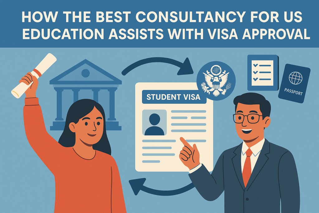 Illustration showing expert US education consultancy guiding a student through visa approval process, featuring university building, student visa document, checklist, and study abroad USA consultant expert offering support.