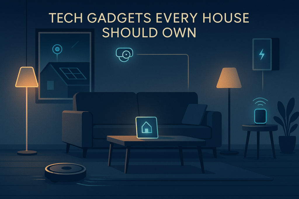 Tech gadgets every house should own. Smart home tech gadgets illustration. Digital illustration of a smart home living room at night, showcasing key tech gadgets including smart lighting, home monitoring camera, robotic vacuum cleaner, Bluetooth speaker, tablet hub, solar panel icon, and battery backup unit. Glowing lines connect devices to emphasize a unified smart home network.