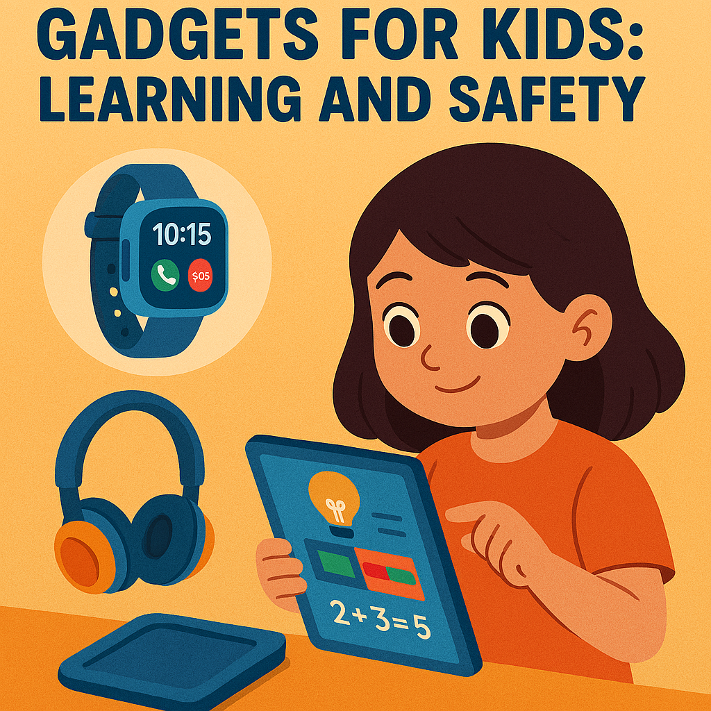 Illustration of a young girl using a tablet for learning, with a kids smartwatch and headphones shown alongside, representing safe and educational tech gadgets for kids.