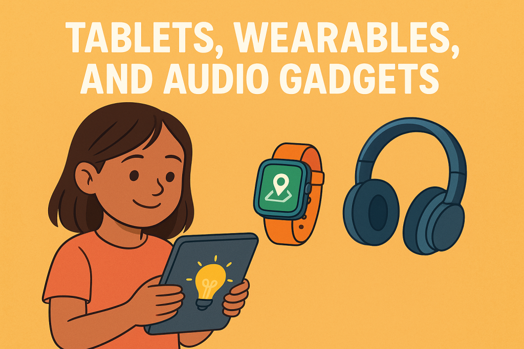 Illustration of a child using a tablet with smartwatch and headphones representing educational gadgets for kids – tablets, wearables, and audio devices for safe learning and fun.