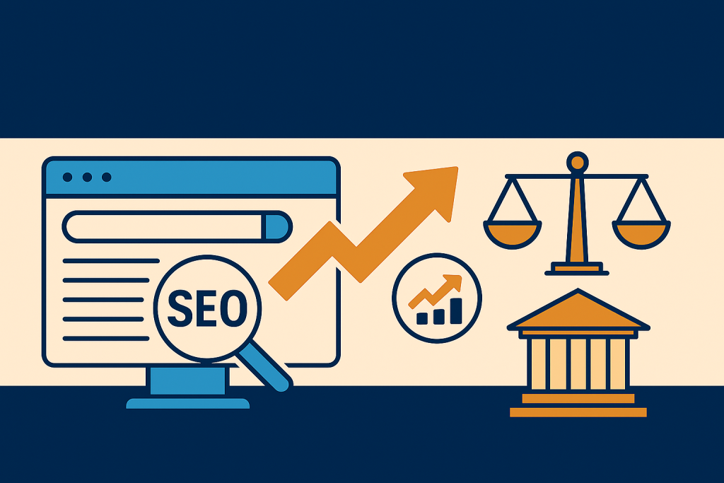 Illustration depicting the concept of SEO growth for law firms. On the left, a computer monitor displays a search engine results page with a magnifying glass labeled SEO overlaying the screen. An upward-pointing orange arrow connects the SEO elements to legal symbols on the right, including the scales of justice and a classical courthouse with columns. A circular icon with a bar chart and rising arrow reinforces the theme of digital growth. The background is split between navy blue and beige, symbolizing the intersection of technology and tradition.