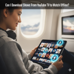 Image of a traveler on a flight using a tablet to download YouTube TV shows for offline playback, featuring streaming content thumbnails and download progress.