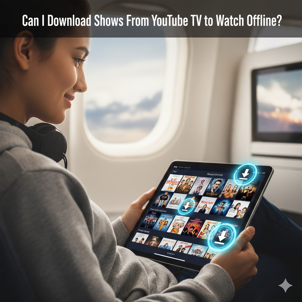 Image of a traveler on a flight using a tablet to download YouTube TV shows for offline playback, featuring streaming content thumbnails and download progress.