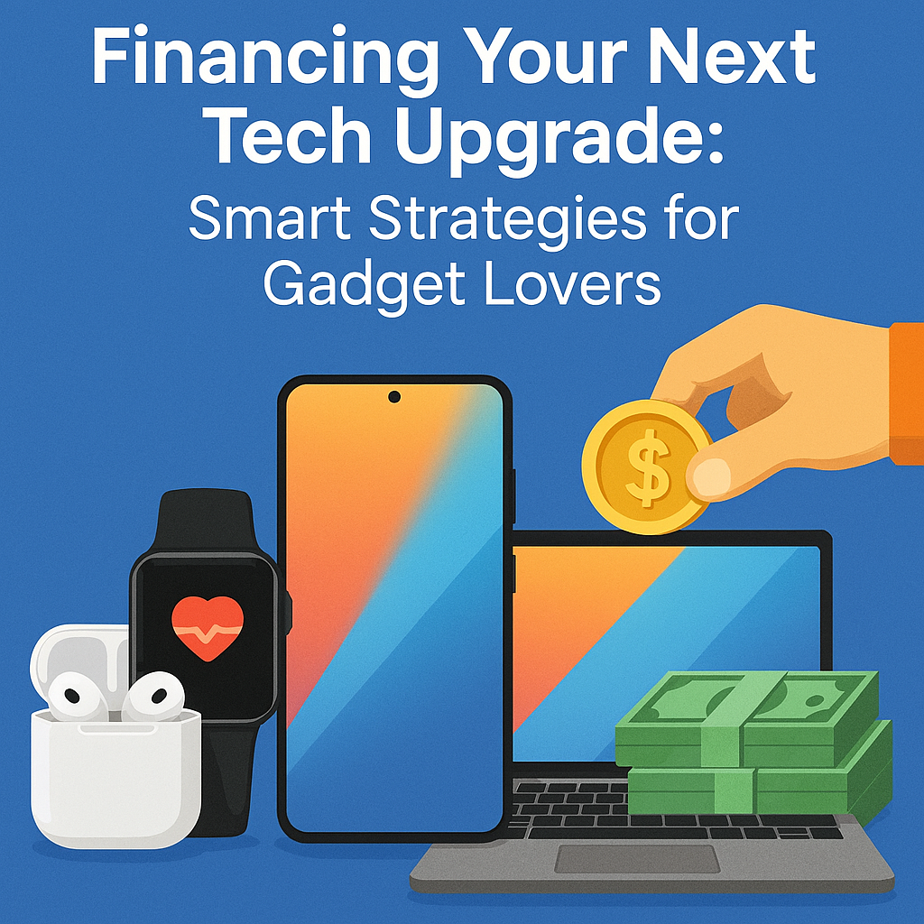 Financing Your Next Tech Upgrade: Smart Strategies for Gadget Lovers. Illustration of modern gadgets including smartphone, smartwatch, earbuds, and laptop with a hand holding a gold coin and stack of cash, representing smart financing strategies for tech upgrades.