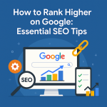 Featured image showing Google search bar, SEO icons, and analytics chart to represent ranking higher on Google using essential SEO strategies.