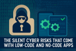 Digital illustration highlighting the hidden cybersecurity risks of low-code and no-code (LCNC) app development. A central beige padlock with a hooded figure in sunglasses, symbolizing stealthy cyber threats.