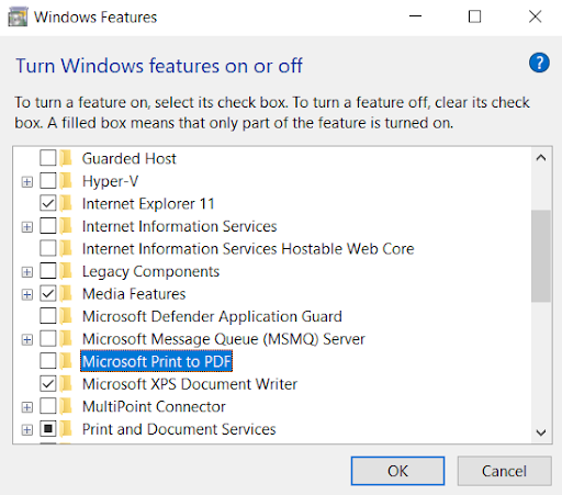 Uncheck Microsoft Print to PDF
