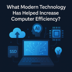 Modern technology icons like cloud computing, AI, SSD, and microprocessor around a laptop, representing advancements that increase computer efficiency.