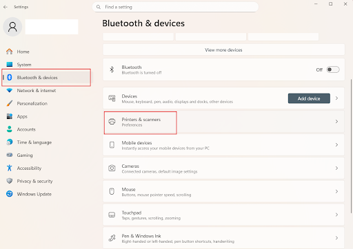 Windows Settings - Bluetooth and Devices - Printers and Scanners