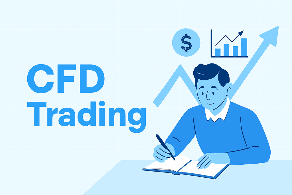 A focused man writing in a notebook with financial charts, upward arrow, and dollar symbol, representing CFD trading for beginners.