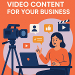 A businesswoman creating video content with a camera and laptop, surrounded by icons for engagement, strategy, and storytelling.