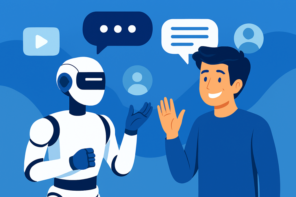 Digital illustration showing a humanoid robot and a smiling young man engaged in friendly conversation, symbolizing collaboration between artificial intelligence and human creativity in digital content creation. Set against a calming blue background with abstract shapes and floating icons, the image emphasizes emotional warmth, AI personalization, humanizing AI and ethical AI use.