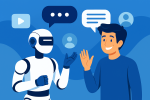 Digital illustration showing a humanoid robot and a smiling young man engaged in friendly conversation, symbolizing collaboration between artificial intelligence and human creativity in digital content creation. Set against a calming blue background with abstract shapes and floating icons, the image emphasizes emotional warmth, personalization, and ethical AI use.