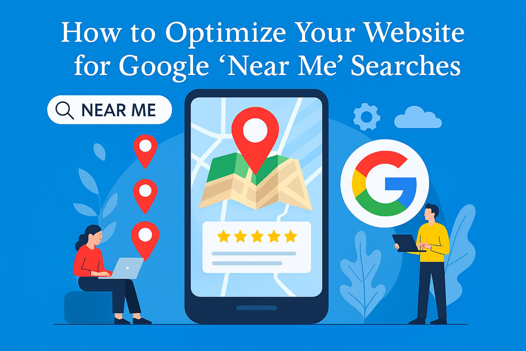 Image showing a smartphone with a map and location pins, representing Google Near Me searches. A woman uses a laptop beside a Near Me search bar, while a man holds a tablet near a Google logo. Text reads: How to Optimize Your Website for Google Near Me Searches.