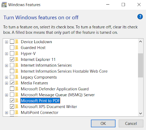 Select its check box and turn on Microsoft Print to PDF Feature