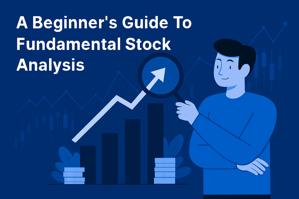 Featured image for Fundamental Stock Analysis showing a tech-savvy investor analyzing a rising bar chart with a magnifying glass. The design uses a modern blue palette with financial graphs in the background, symbolizing data-driven decision-making and long-term investing.