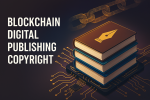Illustration of blockchain transforming digital publishing: a stack of books on a microchip platform with golden circuit lines, a blockchain chain in the background, and bold text reading— Blockchain Digital Publishing Copyright—symbolizing secure ownership, smart contracts, and transparent royalties for authors.