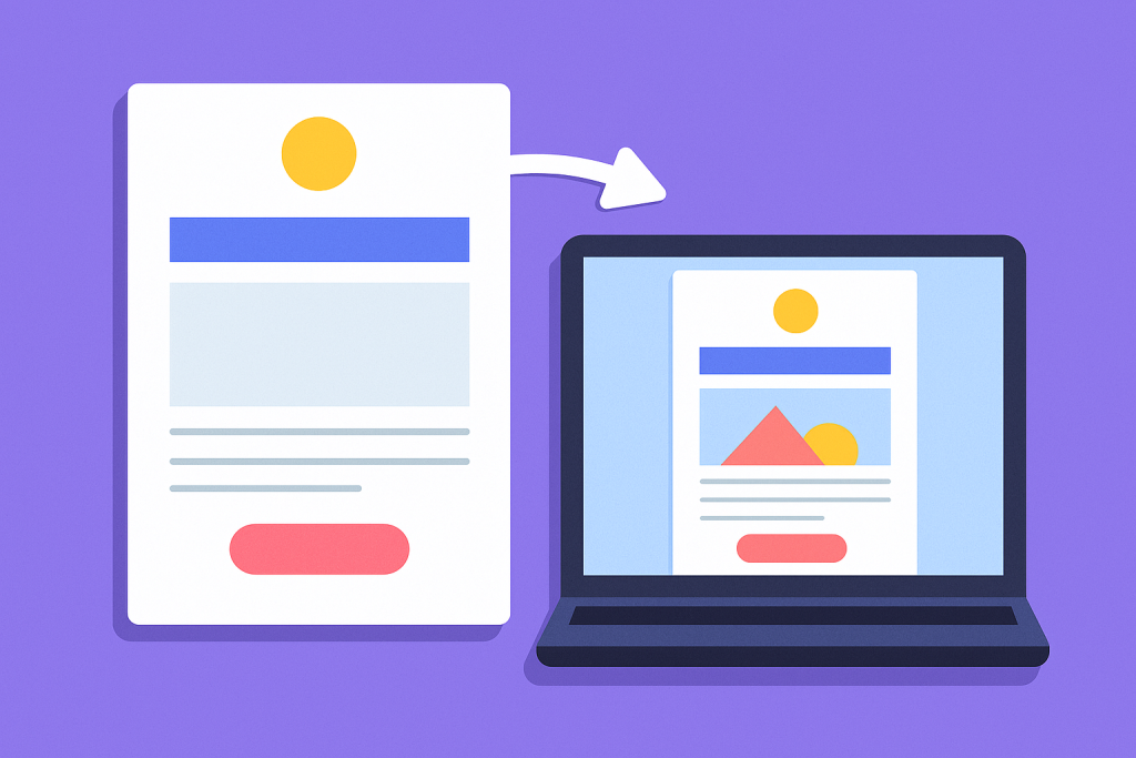 Image showing transformation of a generic email template into a branded, click-worthy design on a laptop screen, symbolizing how email template design agencies align visuals with brand identity.