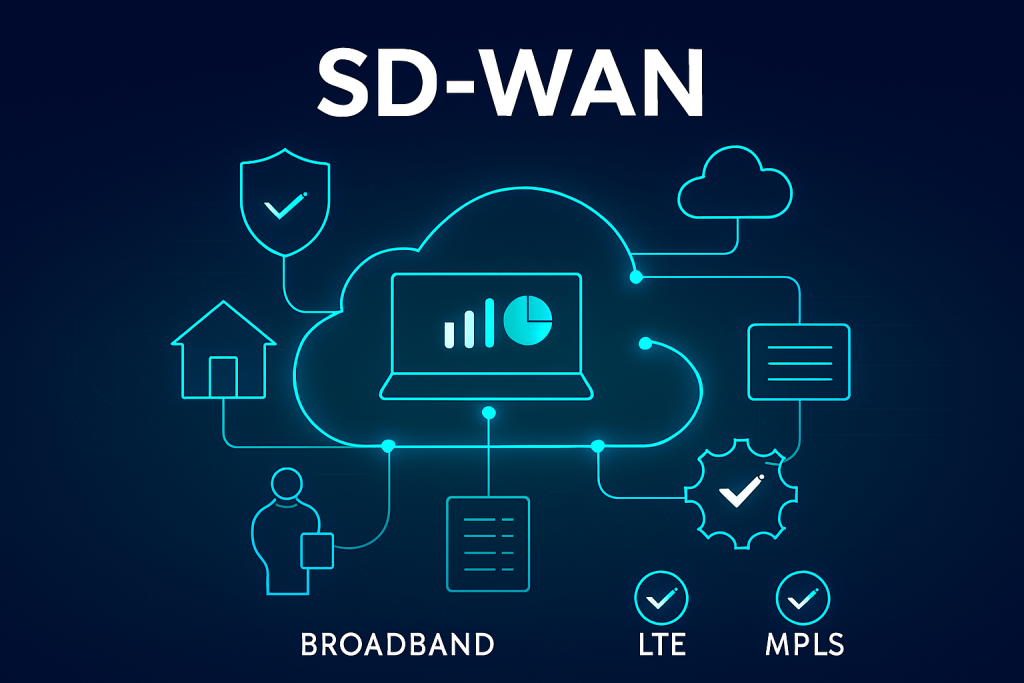 SD-WAN infrastructure showing a central cloud dashboard with data charts, connected to icons representing remote offices, mobile users, servers, and security shields. Glowing turquoise lines symbolize secure data flows across broadband, LTE, and MPLS connections.
