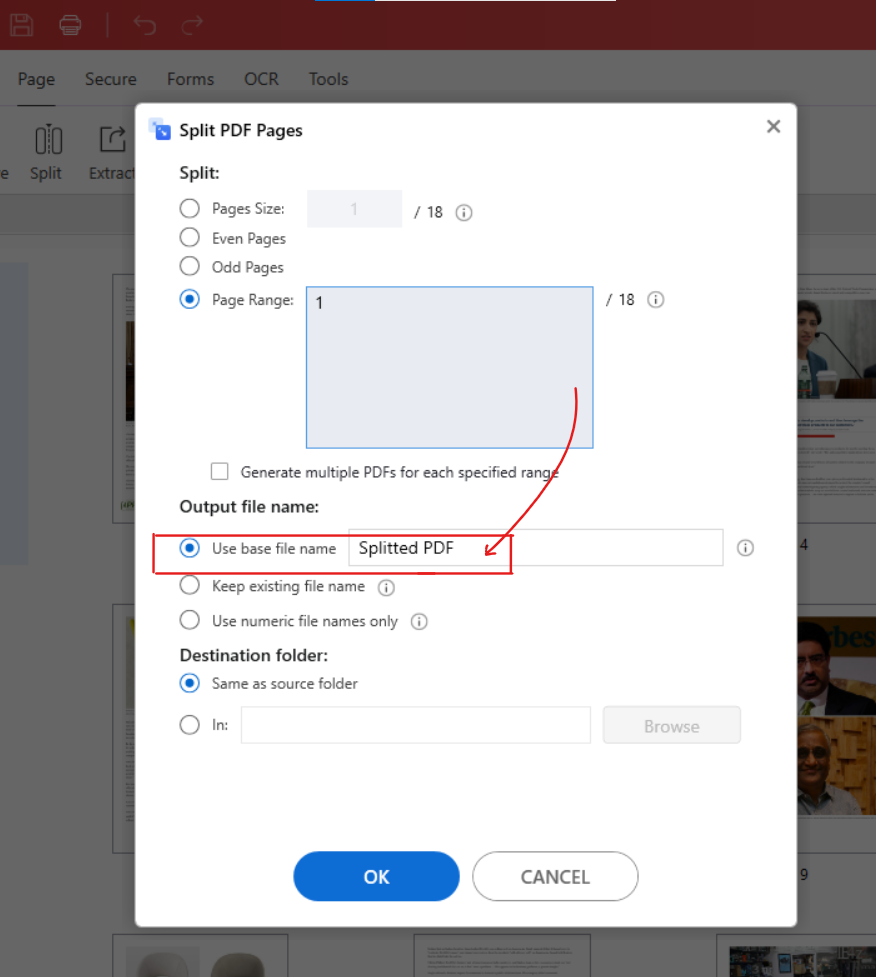 Splitted PDF file name