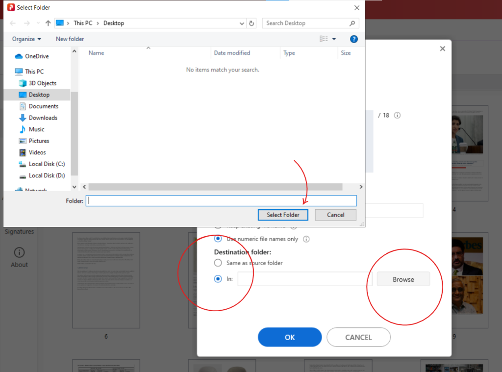 Select splitted PDFs destination folder