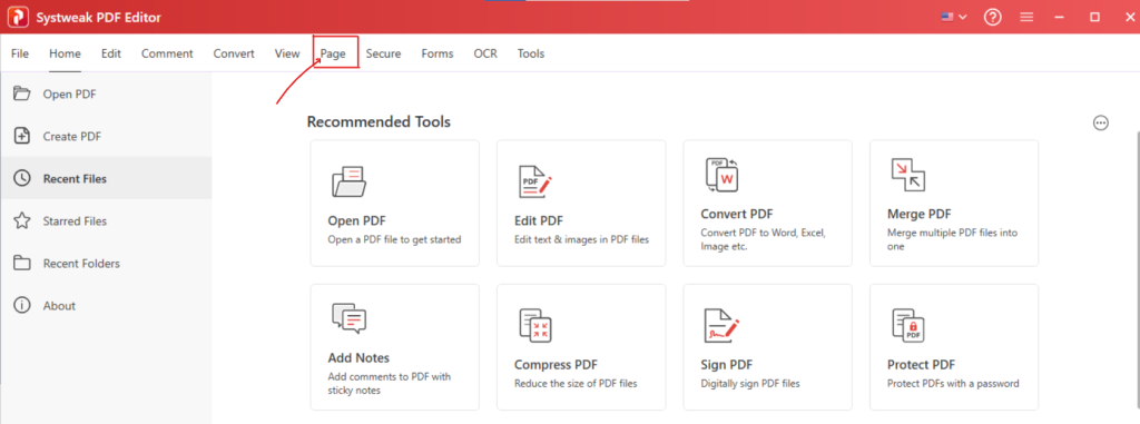 Systweak PDF Editor Page tab