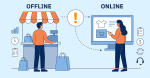 Split-screen illustration showing the transition from offline to online retail operations. On the left, a male store clerk stands behind a physical checkout counter under a striped awning, surrounded by shopping bags and icons representing manual tasks like inventory tracking and scheduling. On the right, a female employee interacts with a large computer screen displaying a shopping cart and product listings, with icons for automation, seller coordination, and real-time updates. A dotted arrow connects both sides, passing through a warning symbol, symbolizing the challenges brands face when moving from offline to online or during digital transformation.