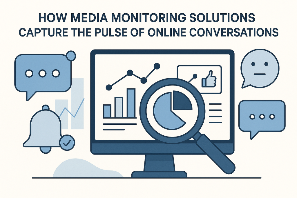 Media monitoring solutions capturing online conversations in real time. The image features a computer monitor displaying analytics charts, graphs, and a pie chart under a magnifying glass, symbolizing data analysis and sentiment tracking. Surrounding icons include chat bubbles, a notification bell, and social engagement symbols like a thumbs-up, illustrating cross-channel tracking, sentiment analysis, and online reputation management.
