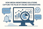 Media monitoring solutions capturing online conversations in real time. The image features a computer monitor displaying analytics charts, graphs, and a pie chart under a magnifying glass, symbolizing data analysis and sentiment tracking. Surrounding icons include chat bubbles, a notification bell, and social engagement symbols like a thumbs-up, illustrating cross-channel tracking, sentiment analysis, and online reputation management.