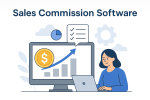 Illustration of a woman salesperson using sales commission software with a laptop and dashboard showing rising bar chart, dollar sign, and checklists symbolizing automation and performance.