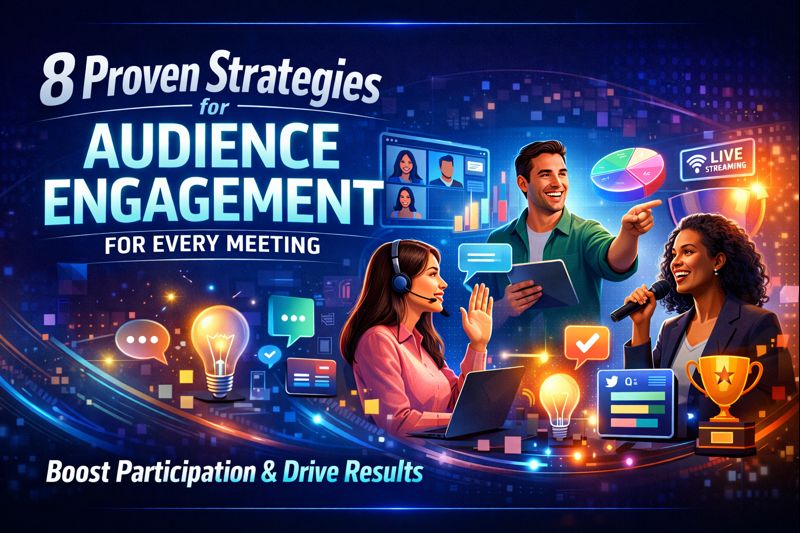 Diverse professionals in a virtual and in-person meeting using live polling, video calls, and interactive tools, representing 8 proven audience engagement strategies for more productive and collaborative meetings.