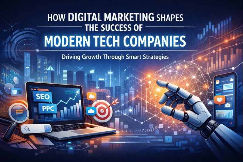 How Digital Marketing Shapes the Success of Modern Tech Companies - Driving Growth Through Smart Strategies. Digital marketing for modern tech companies illustrated with SEO, PPC, data analytics, AI automation, and growth charts.